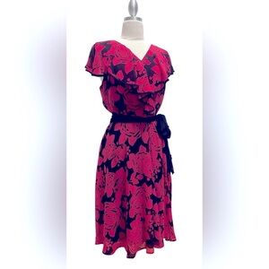 Pink and Black Ruffled Midi Dress